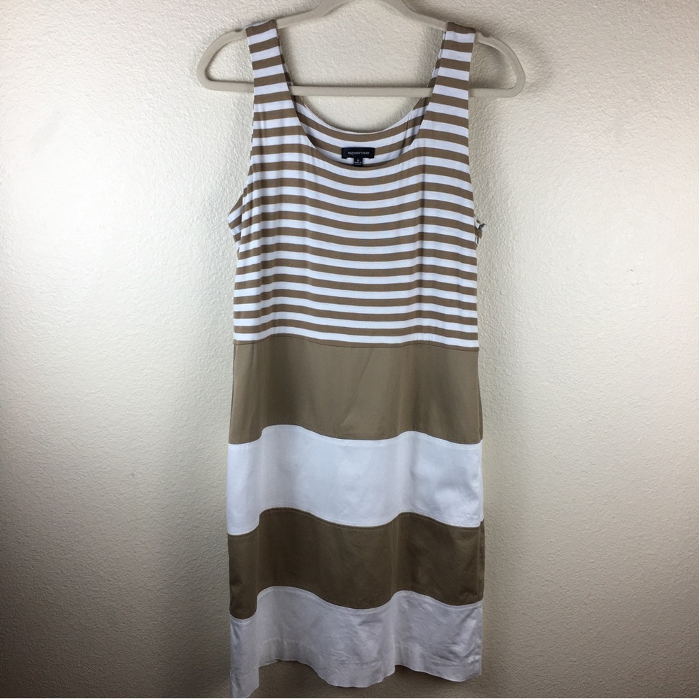 Spense Mixed Media Striped Beige Cream Knee Length Sleeveless Dress Size 12